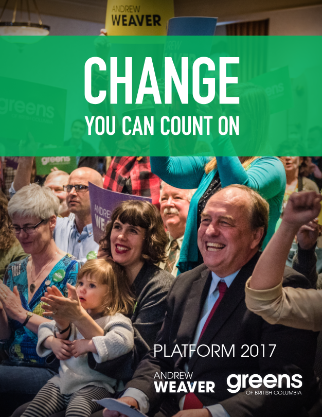 A screenshot of the cover of the BC Greens' 2017 campaign platform PDF.